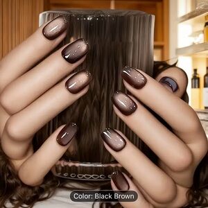 Designer 30 Pcs 3 Complete Sets Black/Brown Short Cat Eye Effect Glossy Press on